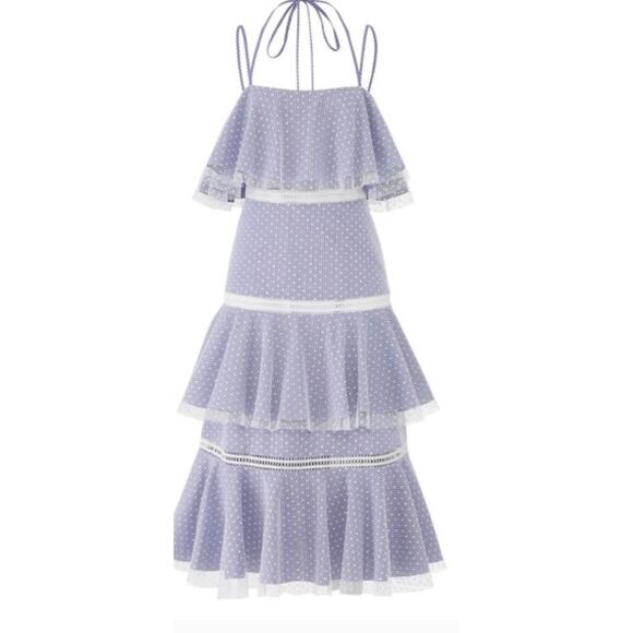 Prabal Gurung Halter Tulle Tiered Midi Maxi Dress Striped Blue Lace Overlay Sz 4 - Picture 2 of 15